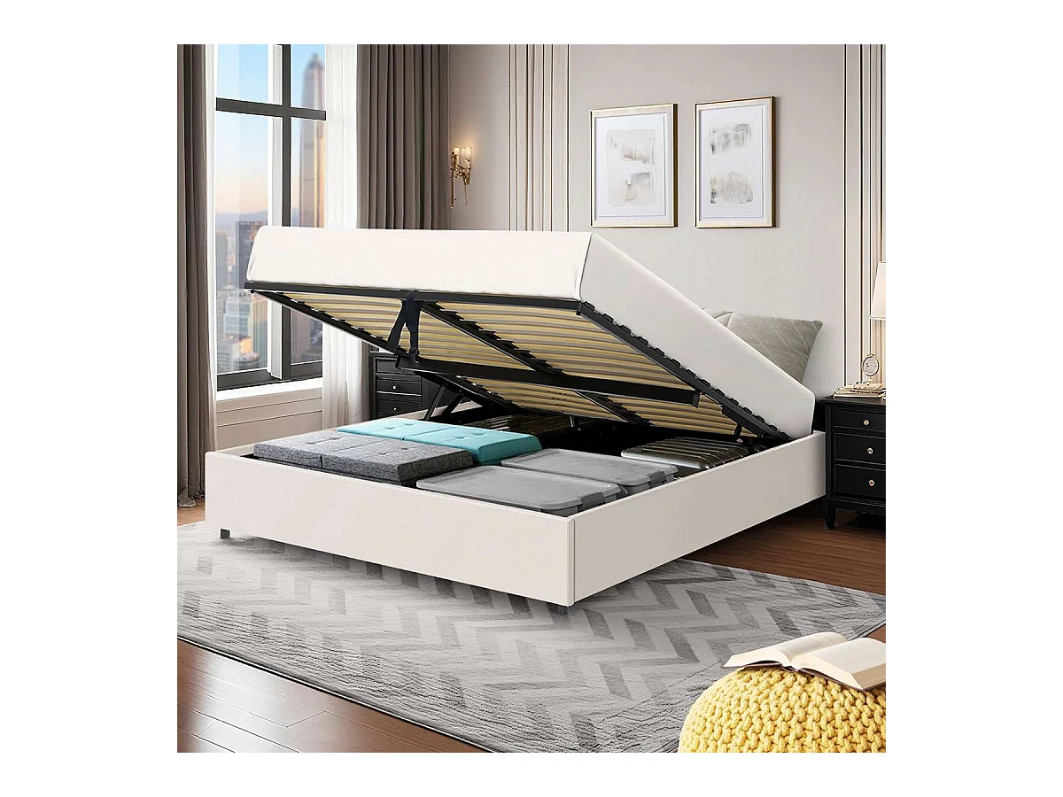 Lit coffre plateforme – couchage 140x190 cm - simili cuir (PU) blanc - sommier inclus - LANCE