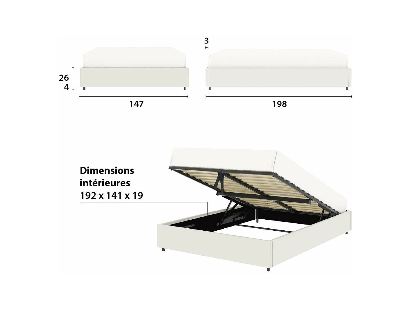 Lit coffre plateforme – couchage 140x190 cm - simili cuir (PU) blanc - sommier inclus - LANCE