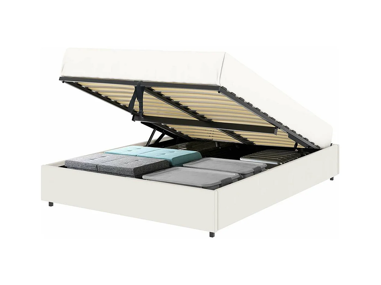 Lit coffre plateforme – couchage 140x190 cm - simili cuir (PU) blanc - sommier inclus - LANCE