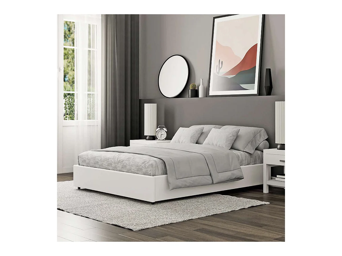 Lit coffre plateforme – couchage 140x190 cm - simili cuir (PU) blanc - sommier inclus - LANCE