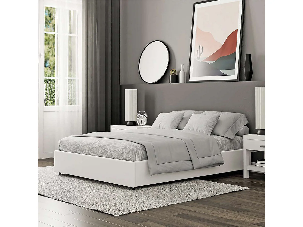 Lit coffre plateforme – couchage 140x190 cm - simili cuir (PU) blanc - sommier inclus - LANCE