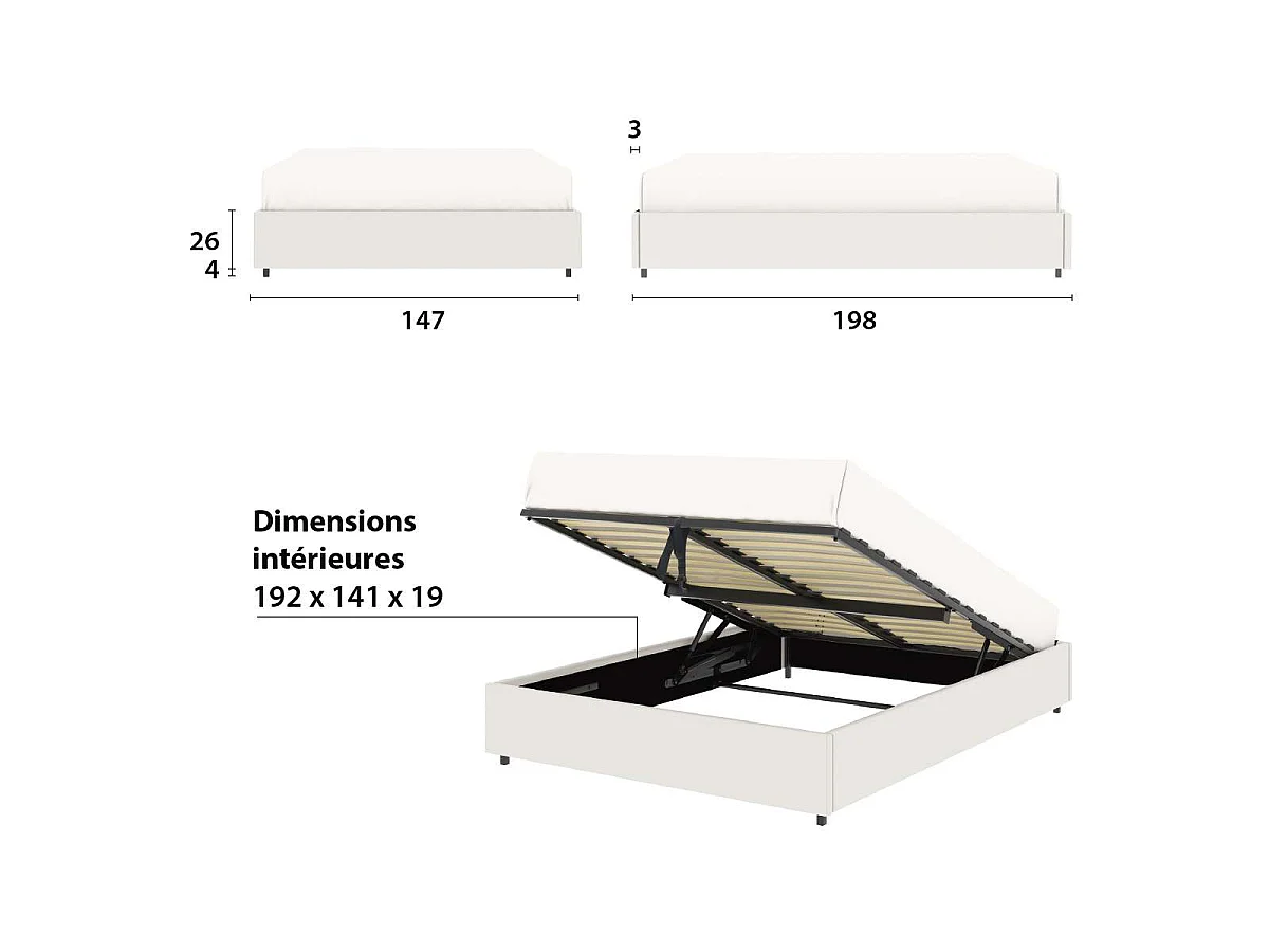 Lit coffre plateforme – couchage 140x190 cm - simili cuir (PU) blanc - sommier inclus - LANCE