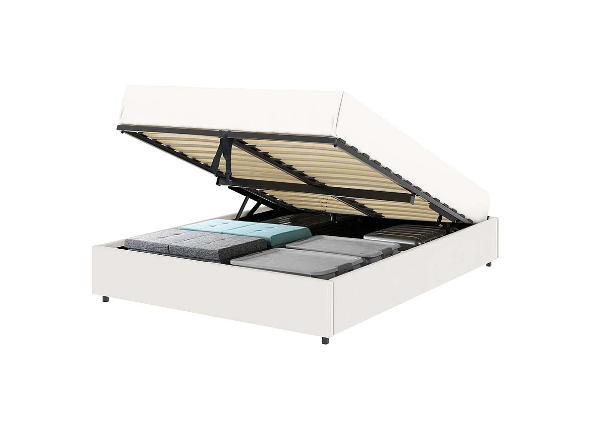 Lit coffre plateforme – couchage 140x190 cm - simili cuir (PU) blanc - sommier inclus - LANCE