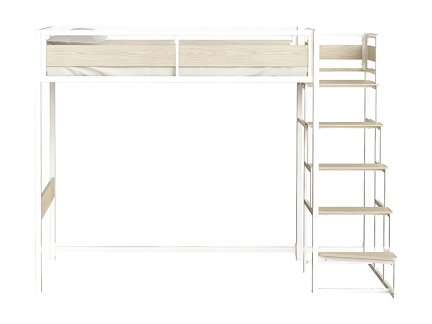 Lit mezzanine avec sommier et escalier en métal finition epoxy blanche et mélamine imitation chêne - grand couchage 140 x 190 cm - MONTANA