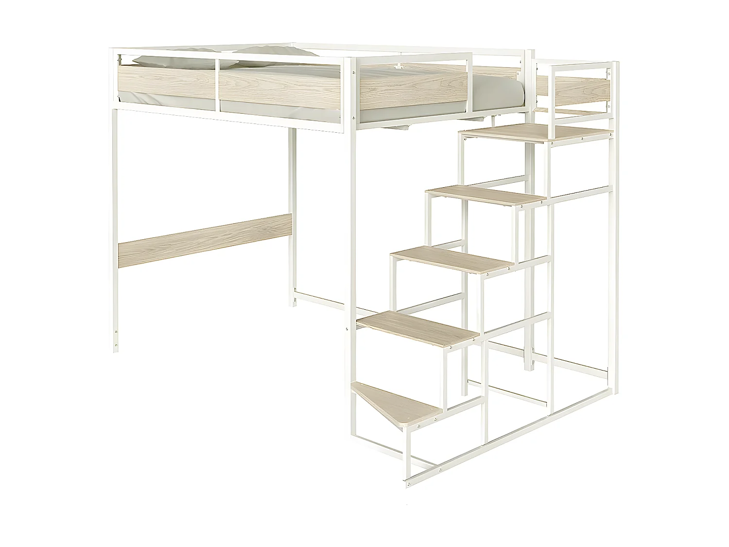 Cama alta MONTANA con escalera de metal blanco y cama de 140x190 cm