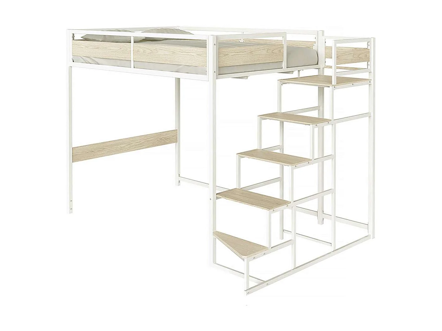 Lit mezzanine avec sommier et escalier en métal finition epoxy blanche et mélamine imitation chêne - grand couchage 140 x 190 cm - MONTANA