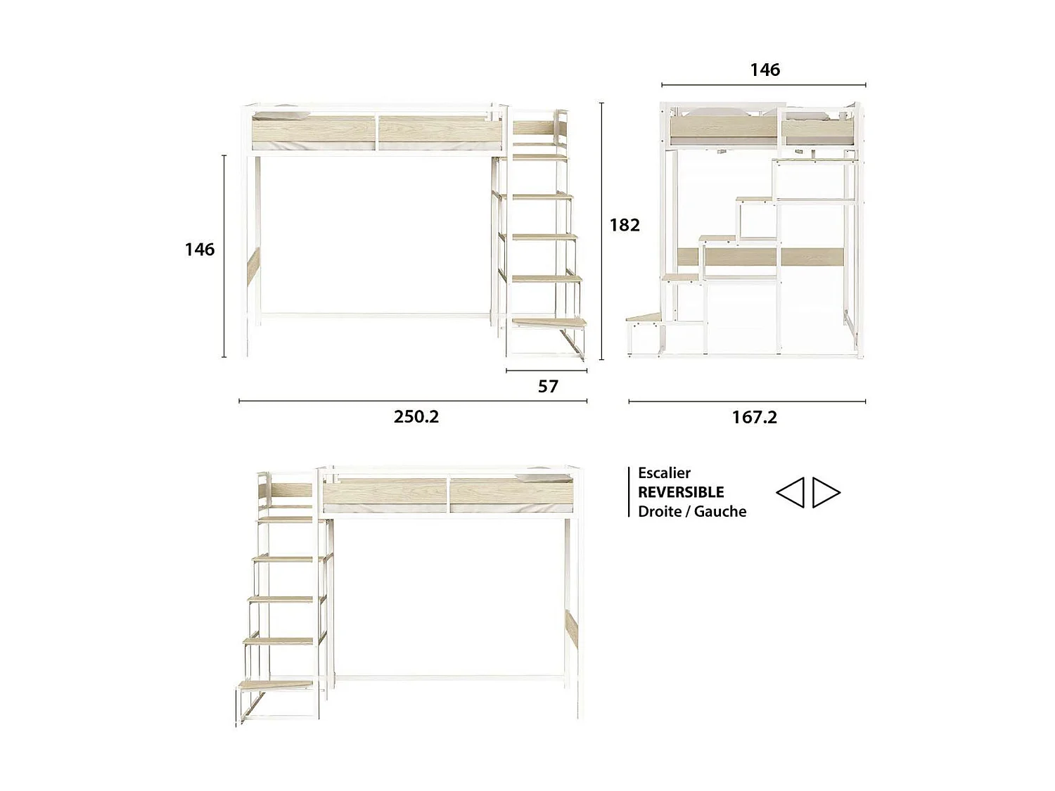 Lit mezzanine avec sommier et escalier en métal finition epoxy blanche et mélamine imitation chêne - grand couchage 140 x 190 cm - MONTANA