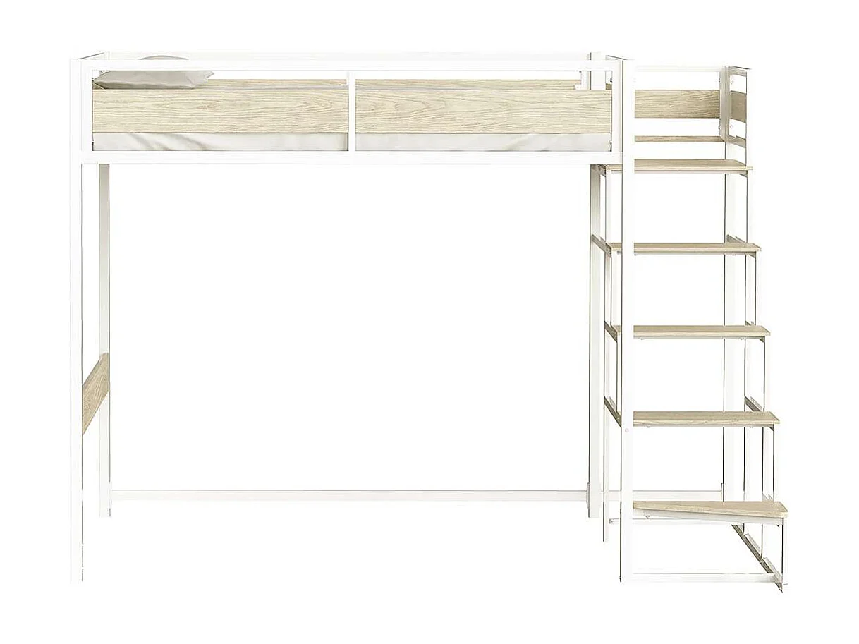 Lit mezzanine avec sommier et escalier en métal finition epoxy blanche et mélamine imitation chêne - grand couchage 140 x 190 cm - MONTANA
