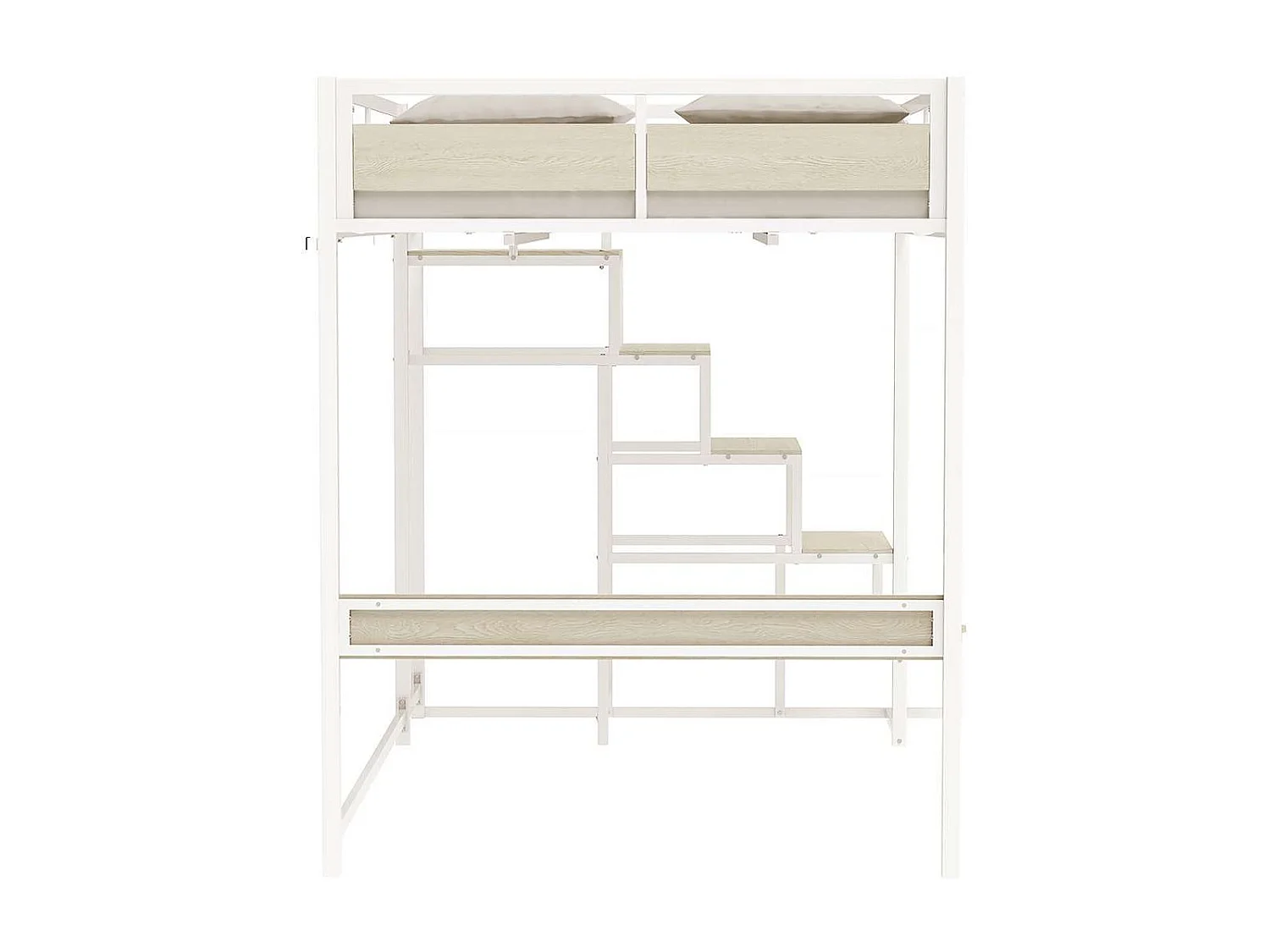 Lit mezzanine avec sommier et escalier en métal finition epoxy blanche et mélamine imitation chêne - grand couchage 140 x 190 cm - MONTANA