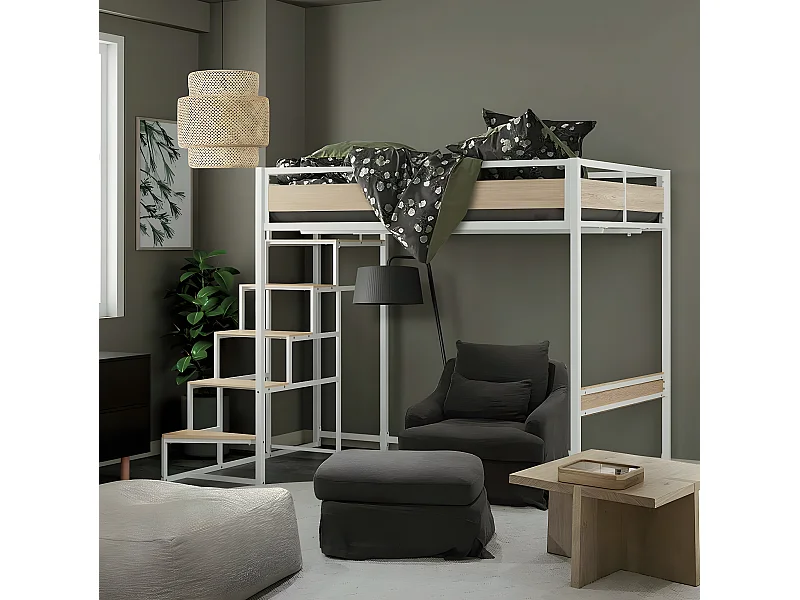 Hochbett mit Metallrahmen und Treppe, weißer Epoxid-Finish und Melamin-Eicheimitat - großes Bett 140 x 190 cm - MONTANA