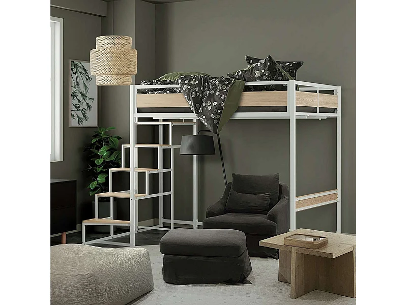 Cama alta MONTANA con escalera de metal blanco y cama de 140x190 cm