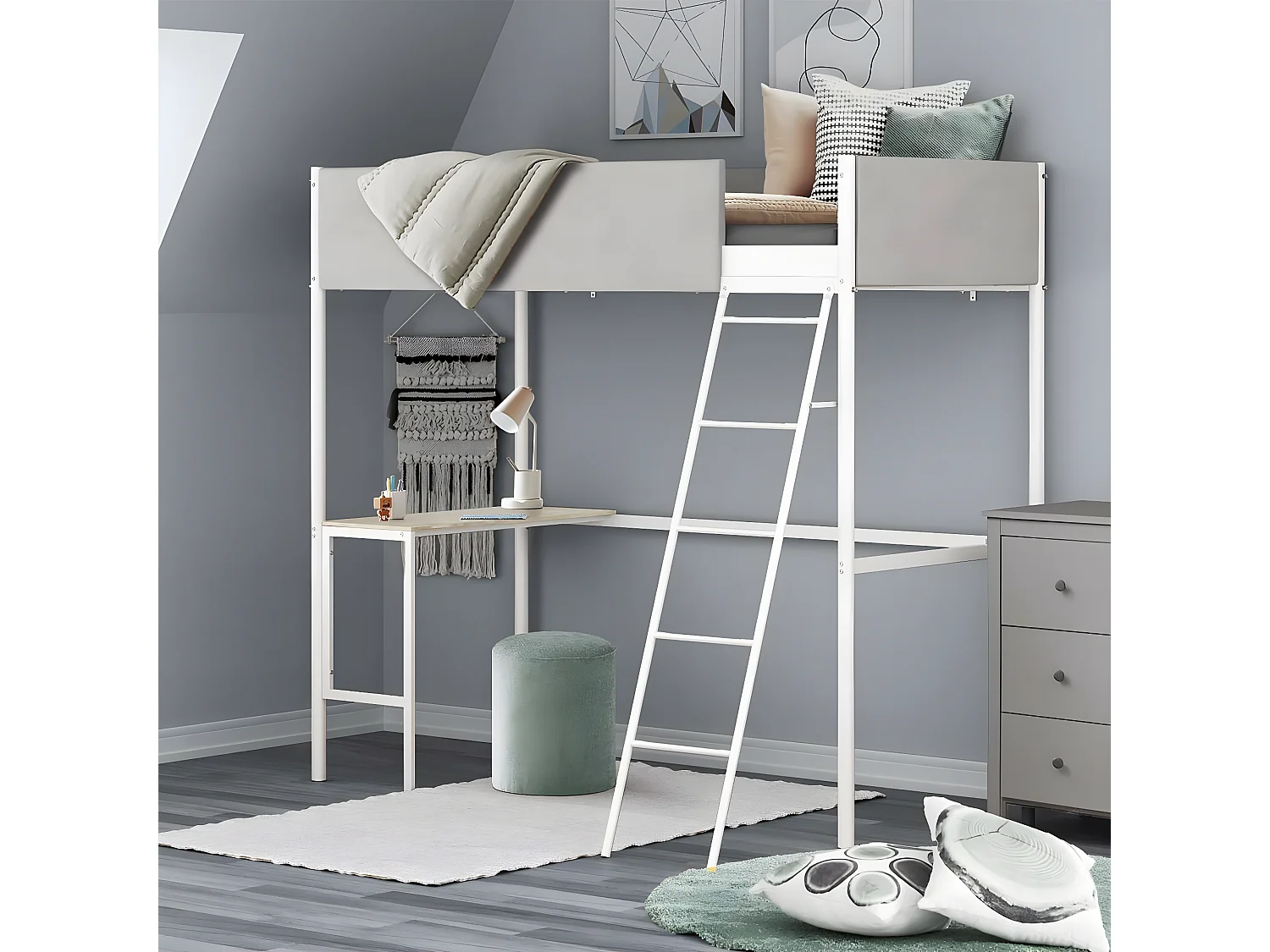 Litera con escritorio integrado en tela gris claro y metal blanco - ROZE