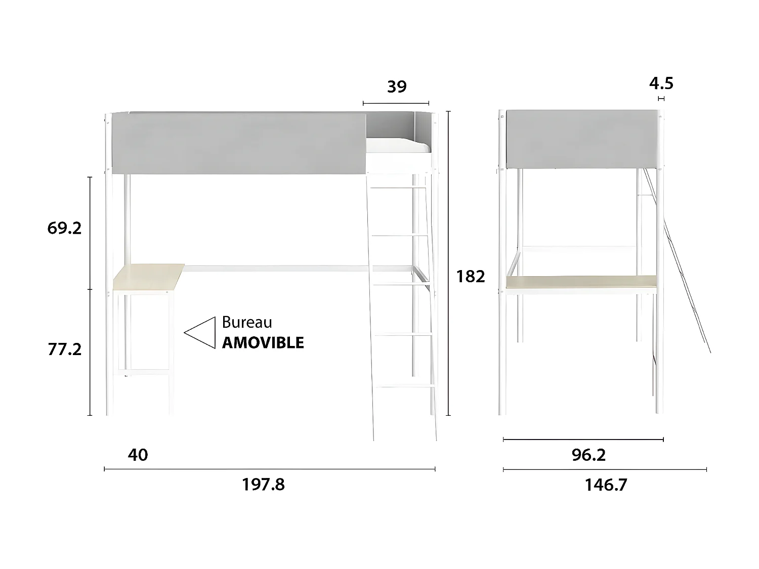 Litera con escritorio integrado en tela gris claro y metal blanco - ROZE