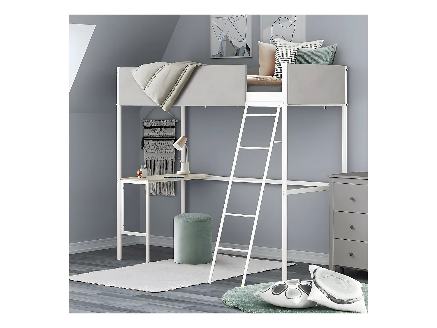 Lit mezzanine avec sommier et bureau en tissu gris clair, métal blanc et mélamine imitation chêne  - couchage 90 x 190 cm - ROZE