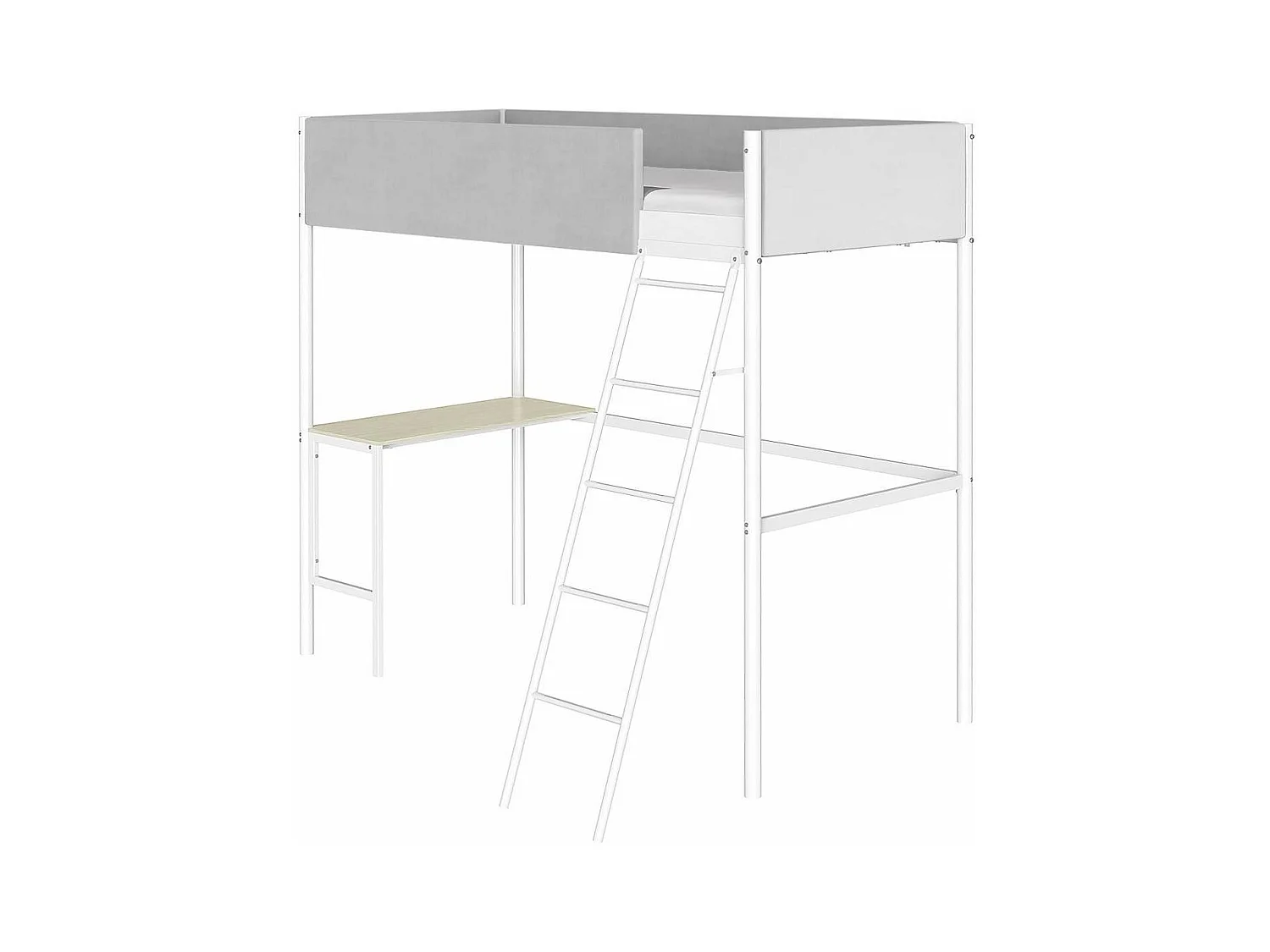 Hoogslaper met lattenbodem en bureau van lichtgrijze stof, wit metaal en melamine met eikimitatie - bedmaat 90 x 190 cm - ROZE