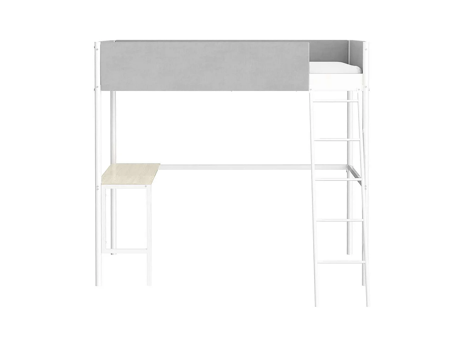 Hoogslaper met lattenbodem en bureau van lichtgrijze stof, wit metaal en melamine met eikimitatie - bedmaat 90 x 190 cm - ROZE