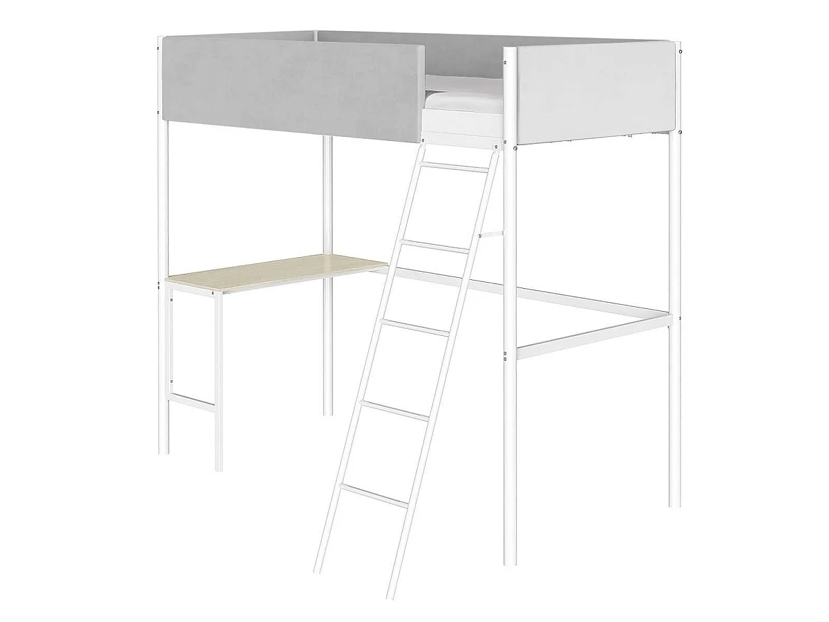 Hochbett mit Gestell aus hellem grauem Stoff, weißem Metall und Melamin-Eicheimitat-Schreibtisch - Schlafplatz 90 x 190 cm - ROZE