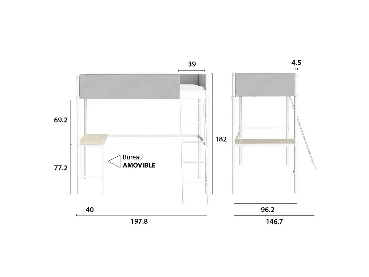 Hochbett mit Gestell aus hellem grauem Stoff, weißem Metall und Melamin-Eicheimitat-Schreibtisch - Schlafplatz 90 x 190 cm - ROZE