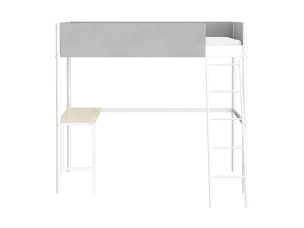 Hochbett mit Gestell aus hellem grauem Stoff, weißem Metall und Melamin-Eicheimitat-Schreibtisch - Schlafplatz 90 x 190 cm - ROZE