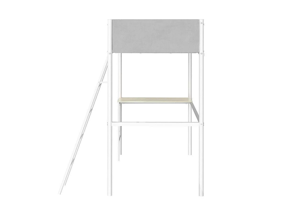 Hochbett mit Gestell aus hellem grauem Stoff, weißem Metall und Melamin-Eicheimitat-Schreibtisch - Schlafplatz 90 x 190 cm - ROZE