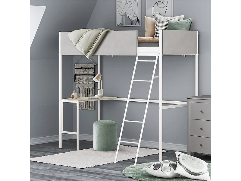 Hochbett mit Gestell aus hellem grauem Stoff, weißem Metall und Melamin-Eicheimitat-Schreibtisch - Schlafplatz 90 x 190 cm - ROZE