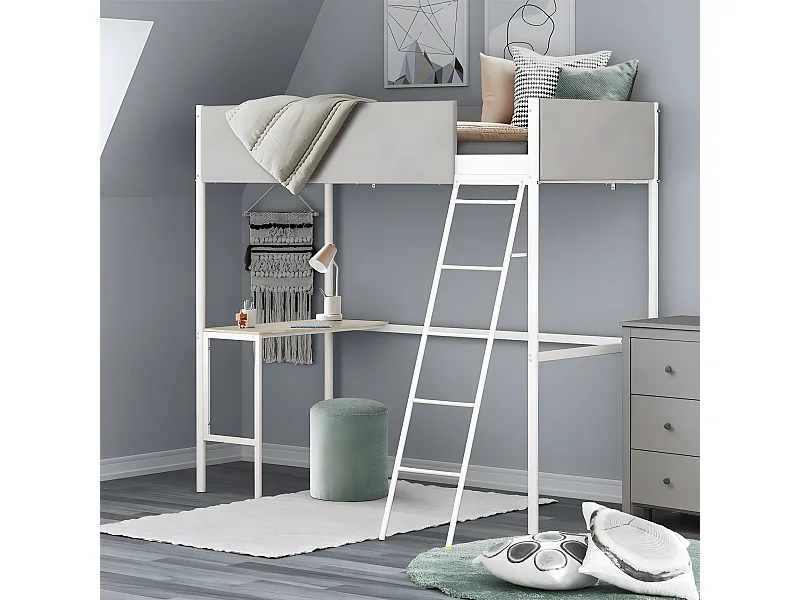 Hochbett mit Gestell aus hellem grauem Stoff, weißem Metall und Melamin-Eicheimitat-Schreibtisch - Schlafplatz 90 x 190 cm - ROZE