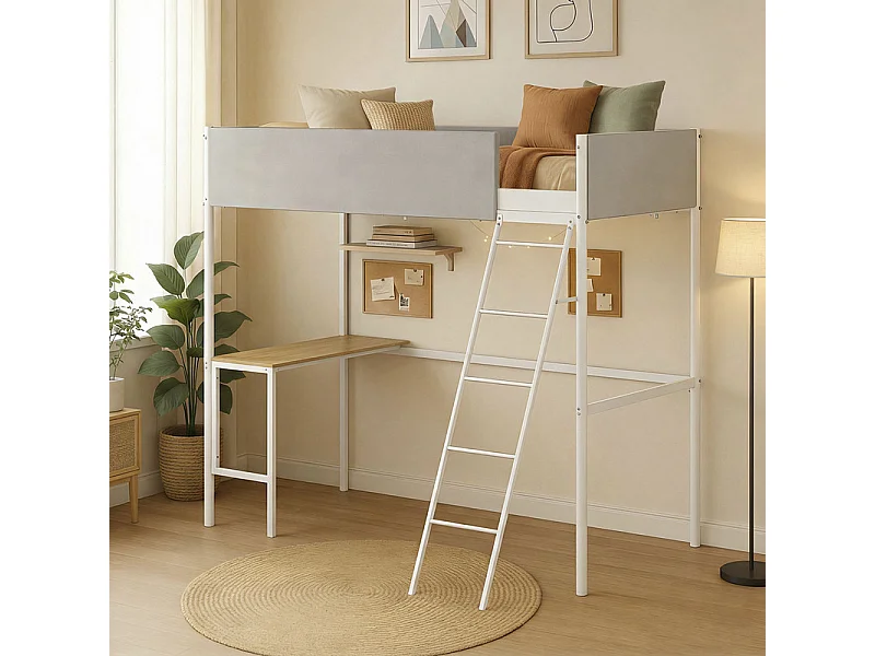 Hochbett mit Gestell aus hellem grauem Stoff, weißem Metall und Melamin-Eicheimitat-Schreibtisch - Schlafplatz 90 x 190 cm - ROZE