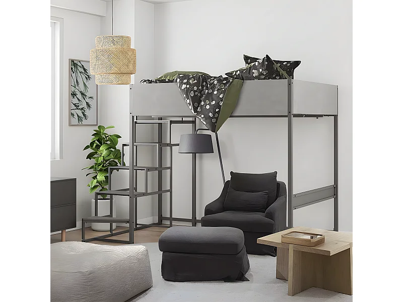 Lit mezzanine avec sommier + escalier en tissu gris, métal finition epoxy grise et mélamine grise - grand couchage 140x190 cm - DOCKLAND