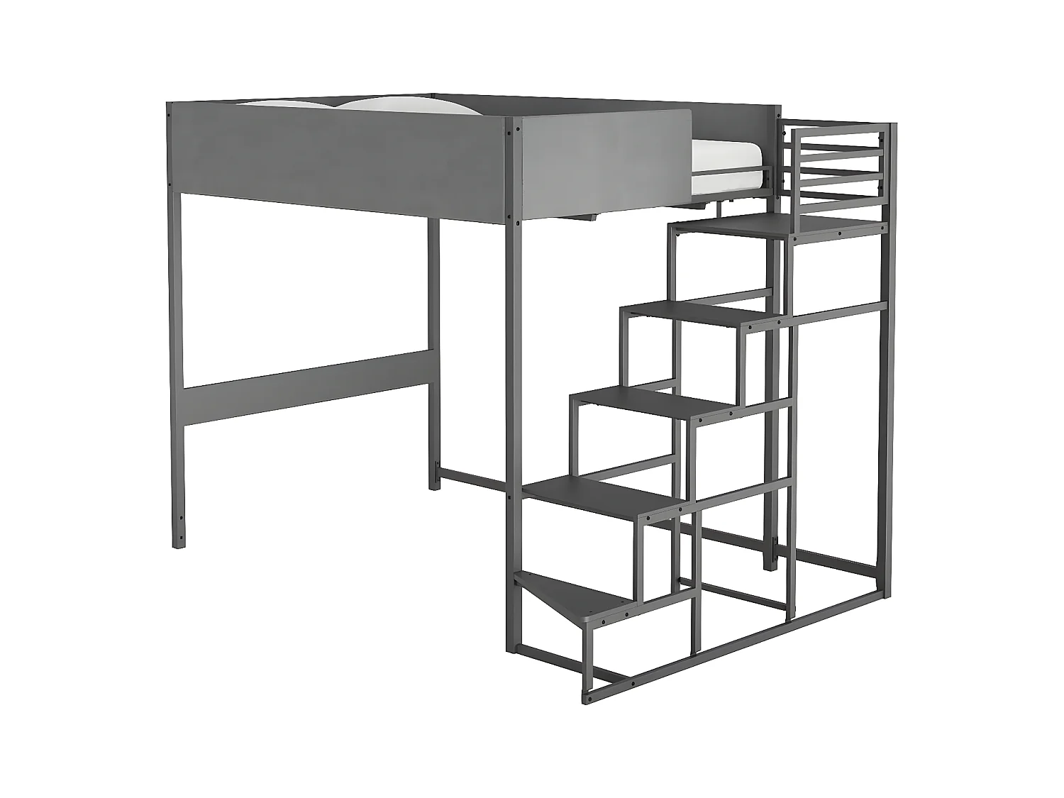 Cama alta DOCKLAND con somier y escalera de tela gris - 140x190 cm