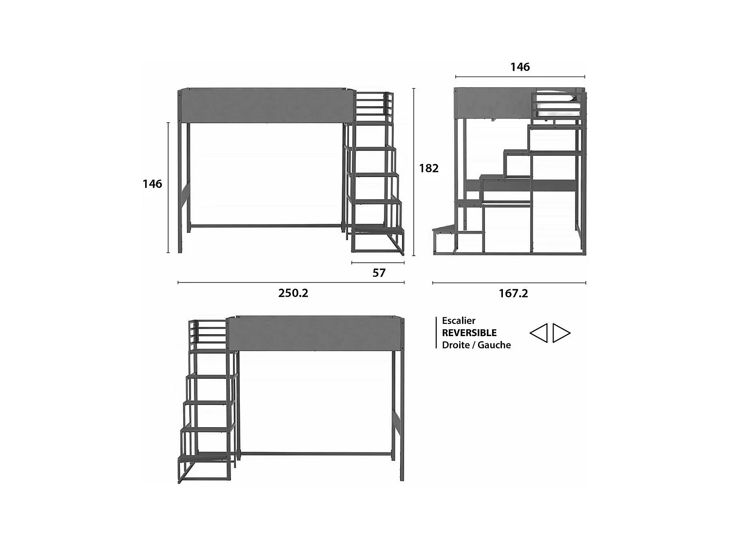 Cama alta DOCKLAND con somier y escalera de tela gris - 140x190 cm