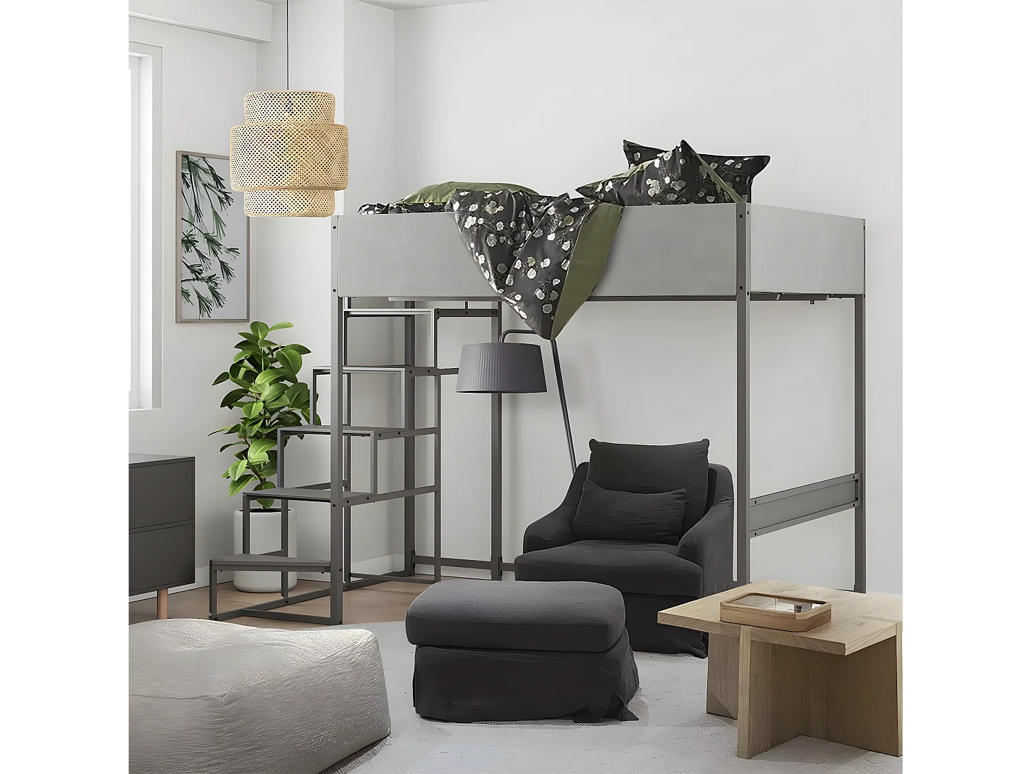 Hochbett mit Gestell aus grauem Stoff, Metall in grauer Epoxid-Finish und Melamin in Grau - großes Bett 140x190 cm - DOCKLAND