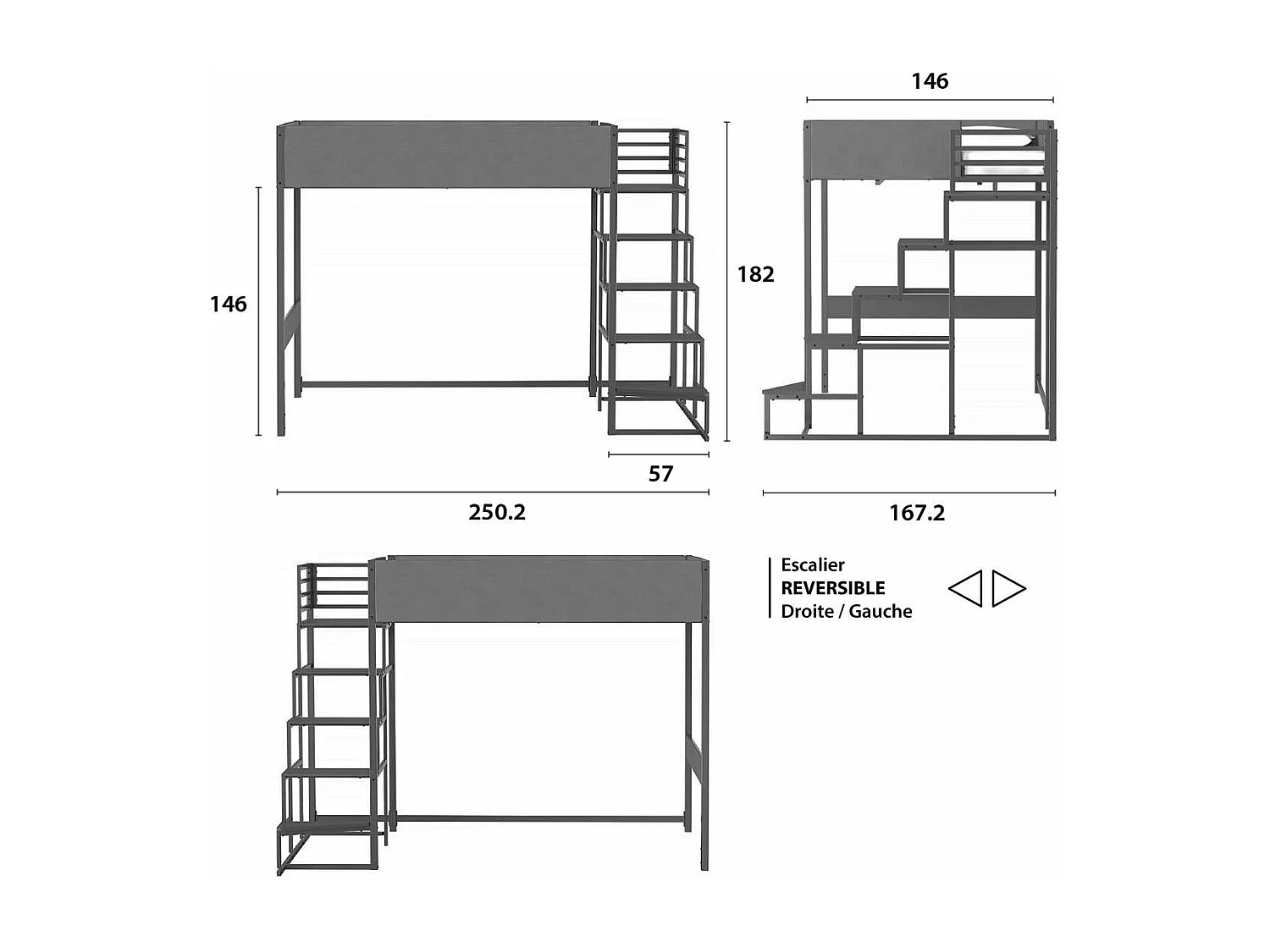 Hochbett mit Gestell aus grauem Stoff, Metall in grauer Epoxid-Finish und Melamin in Grau - großes Bett 140x190 cm - DOCKLAND