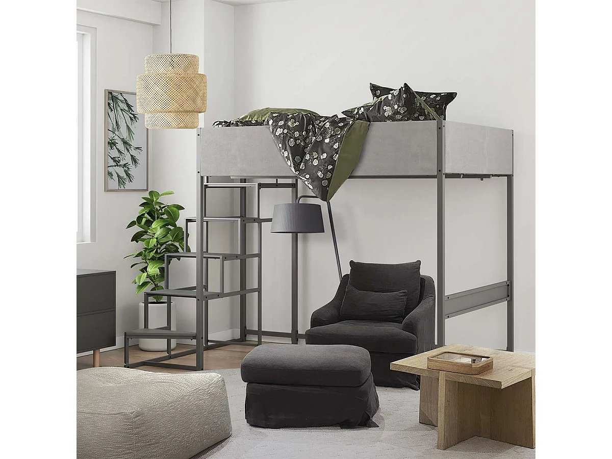 Lit mezzanine avec sommier + escalier en tissu gris, métal finition epoxy grise et mélamine grise - grand couchage 140x190 cm - DOCKLAND