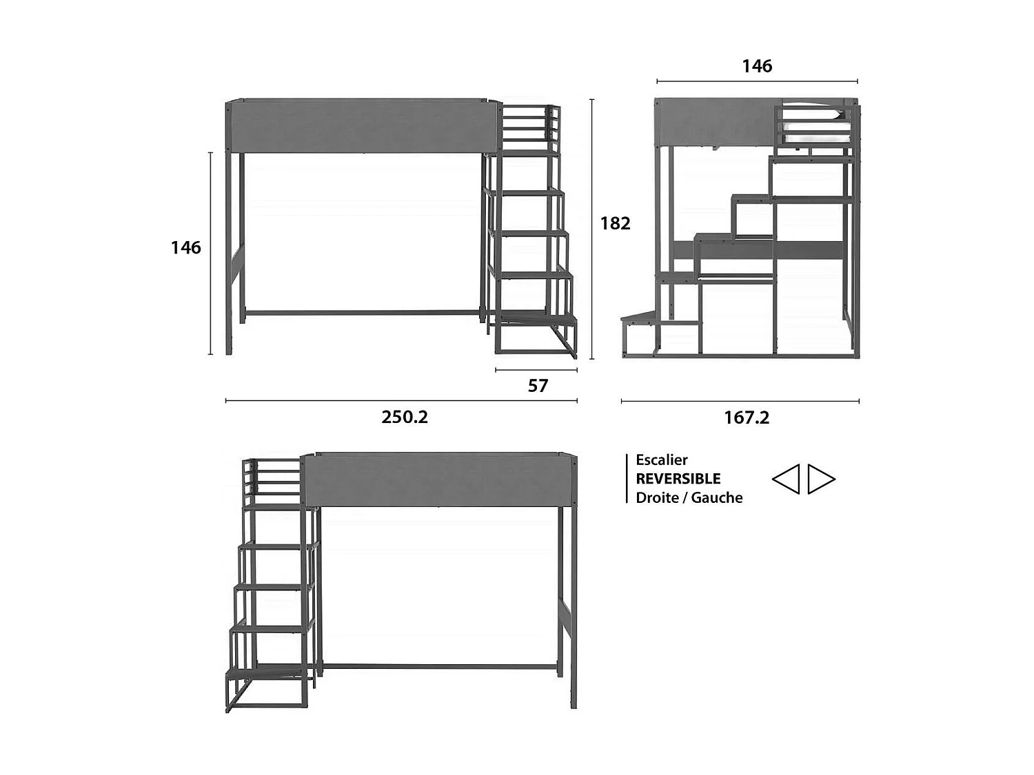 Lit mezzanine avec sommier + escalier en tissu gris, métal finition epoxy grise et mélamine grise - grand couchage 140x190 cm - DOCKLAND