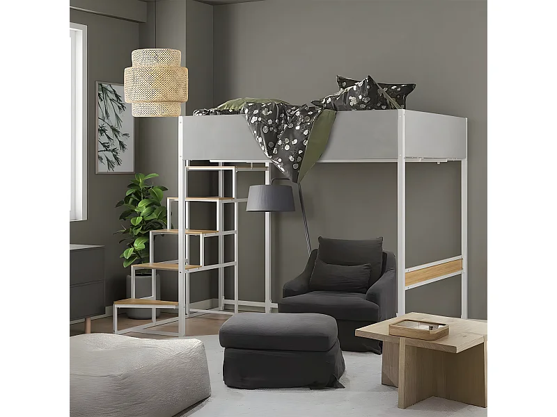 Lit mezzanine avec sommier + escalier en tissu gris clair, métal blanc et mélamine imitation chêne - grand couchage 140x190 cm - DOCKLAND