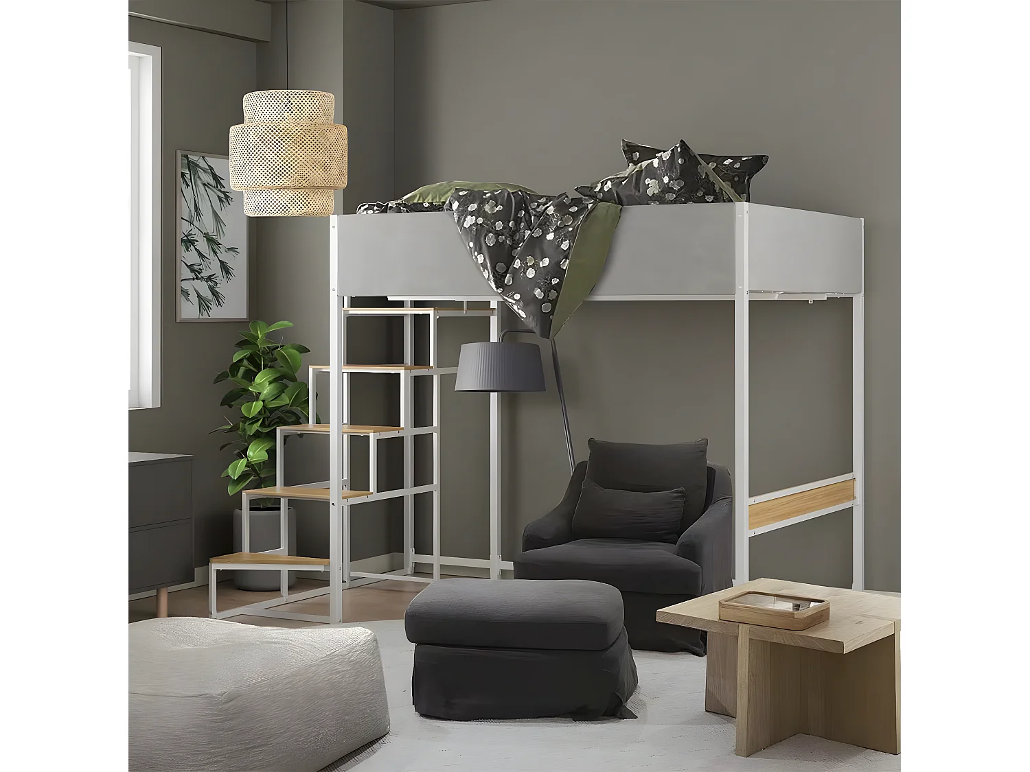 Cama alta DOCKLAND con somier y escalera de tela gris claro, metal blanco y melamina imitación roble - 140x190 cm