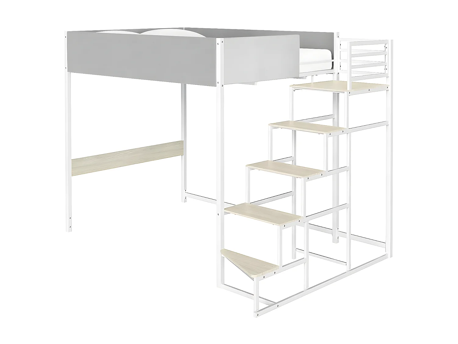 Cama alta DOCKLAND con somier y escalera de tela gris claro, metal blanco y melamina imitación roble - 140x190 cm