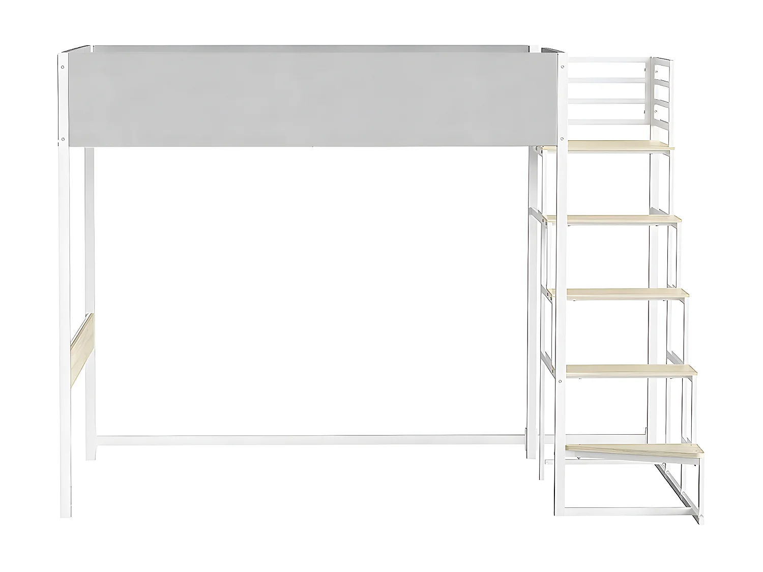 Cama alta DOCKLAND con somier y escalera de tela gris claro, metal blanco y melamina imitación roble - 140x190 cm
