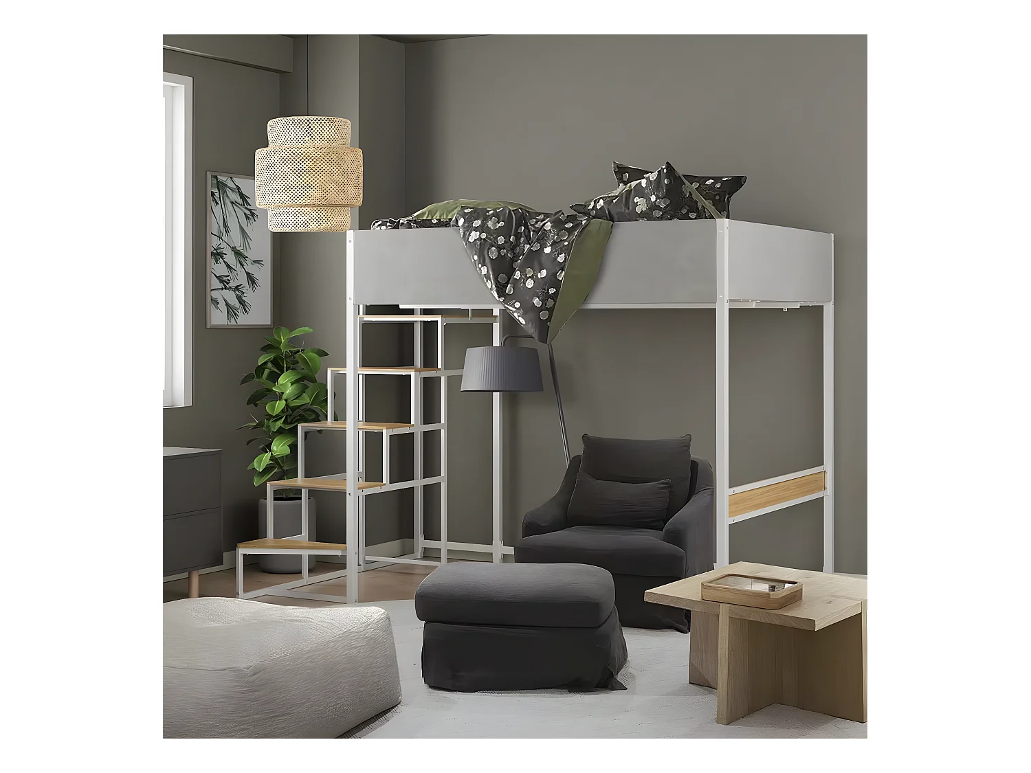 Lit mezzanine avec sommier + escalier en tissu gris clair, métal blanc et mélamine imitation chêne - grand couchage 140x190 cm - DOCKLAND