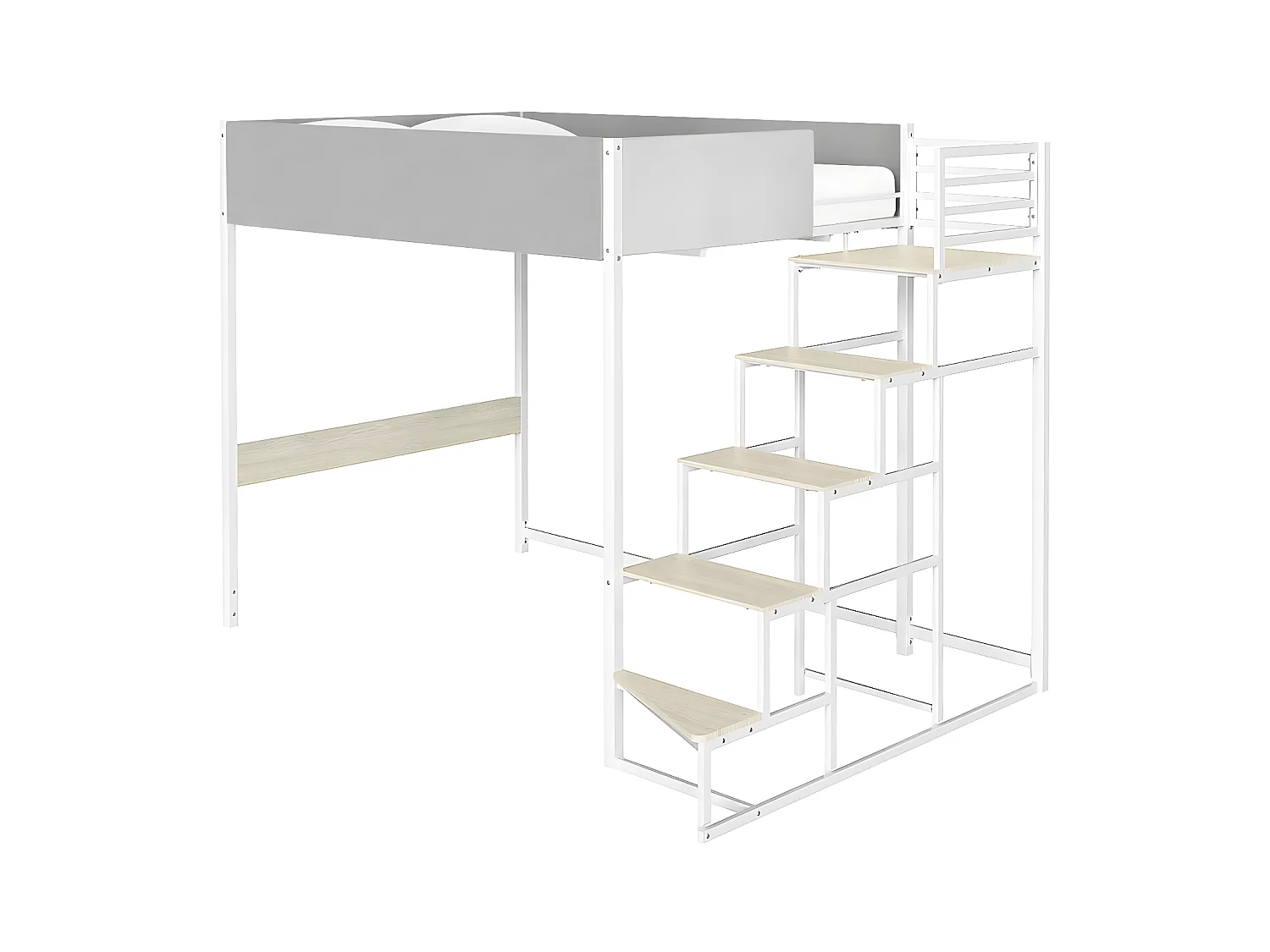 Lit mezzanine avec sommier + escalier en tissu gris clair, métal blanc et mélamine imitation chêne - grand couchage 140x190 cm - DOCKLAND