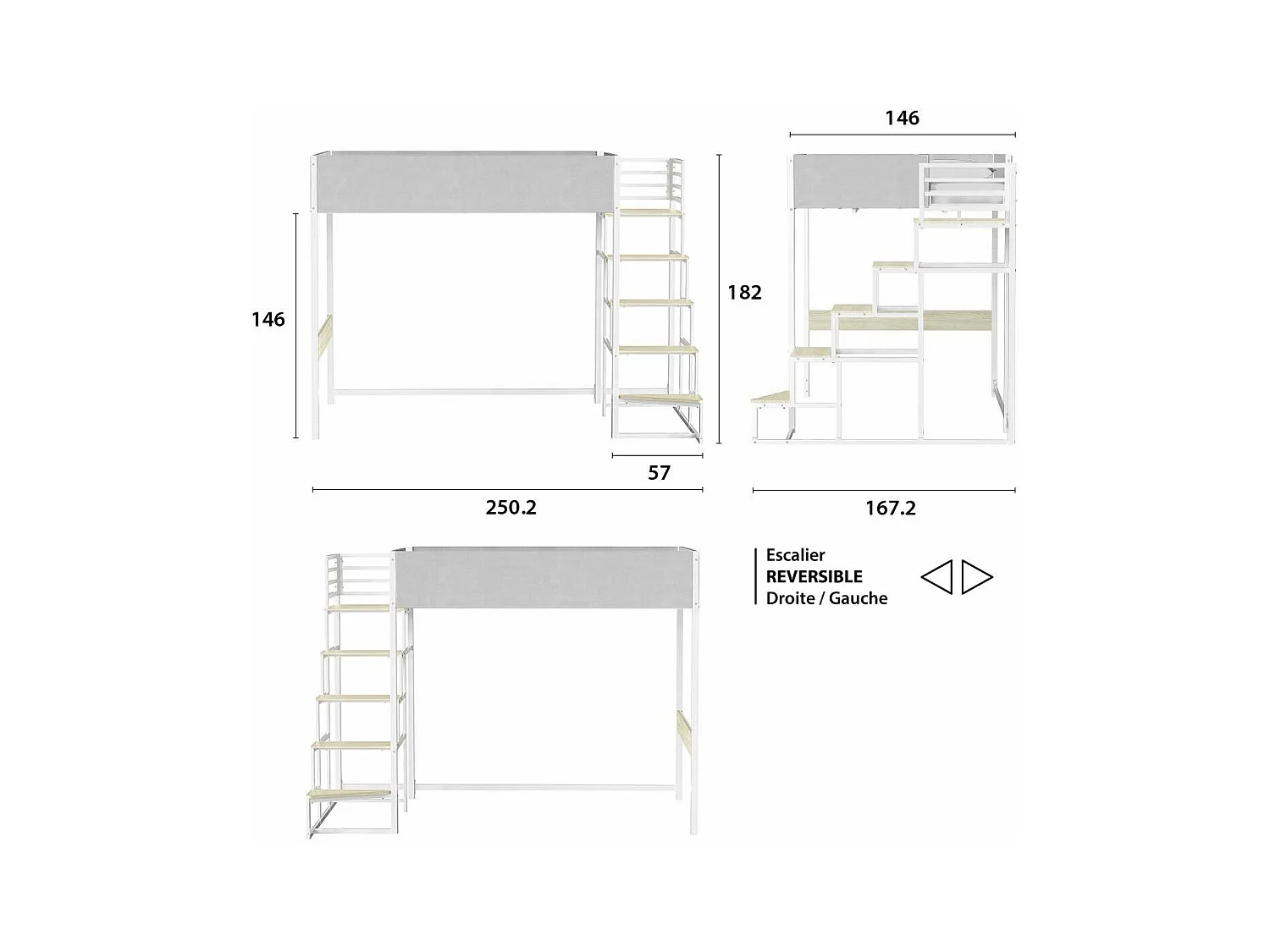 Lit mezzanine avec sommier + escalier en tissu gris clair, métal blanc et mélamine imitation chêne - grand couchage 140x190 cm - DOCKLAND