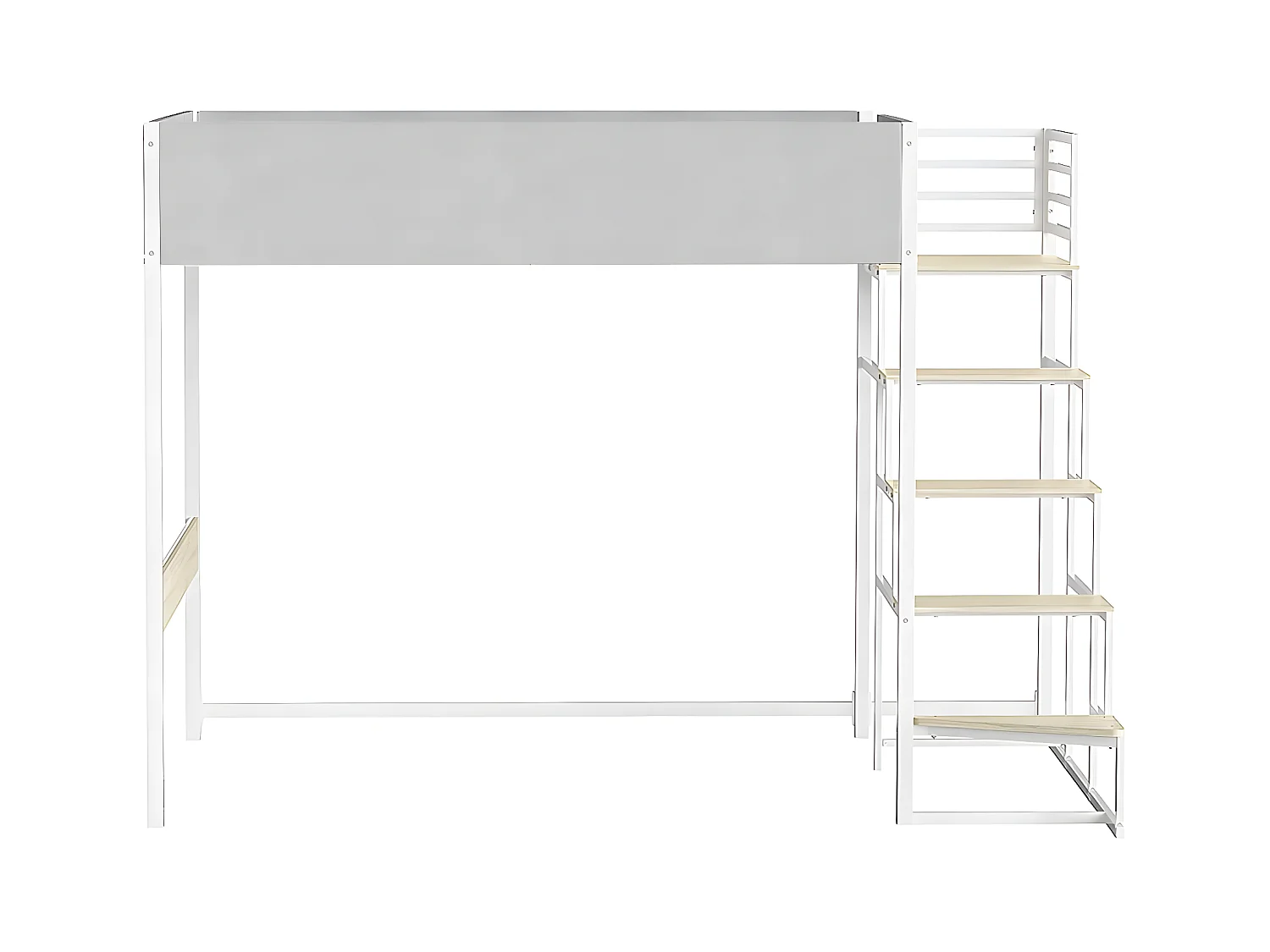 Lit mezzanine avec sommier + escalier en tissu gris clair, métal blanc et mélamine imitation chêne - grand couchage 140x190 cm - DOCKLAND