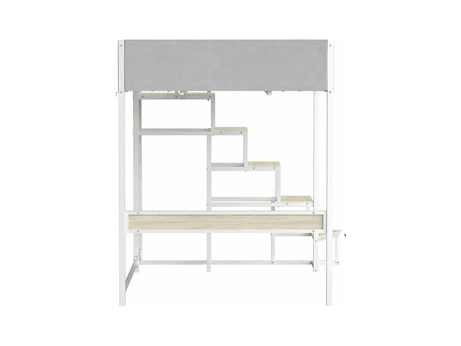 Lit mezzanine avec sommier + escalier en tissu gris clair, métal blanc et mélamine imitation chêne - grand couchage 140x190 cm - DOCKLAND