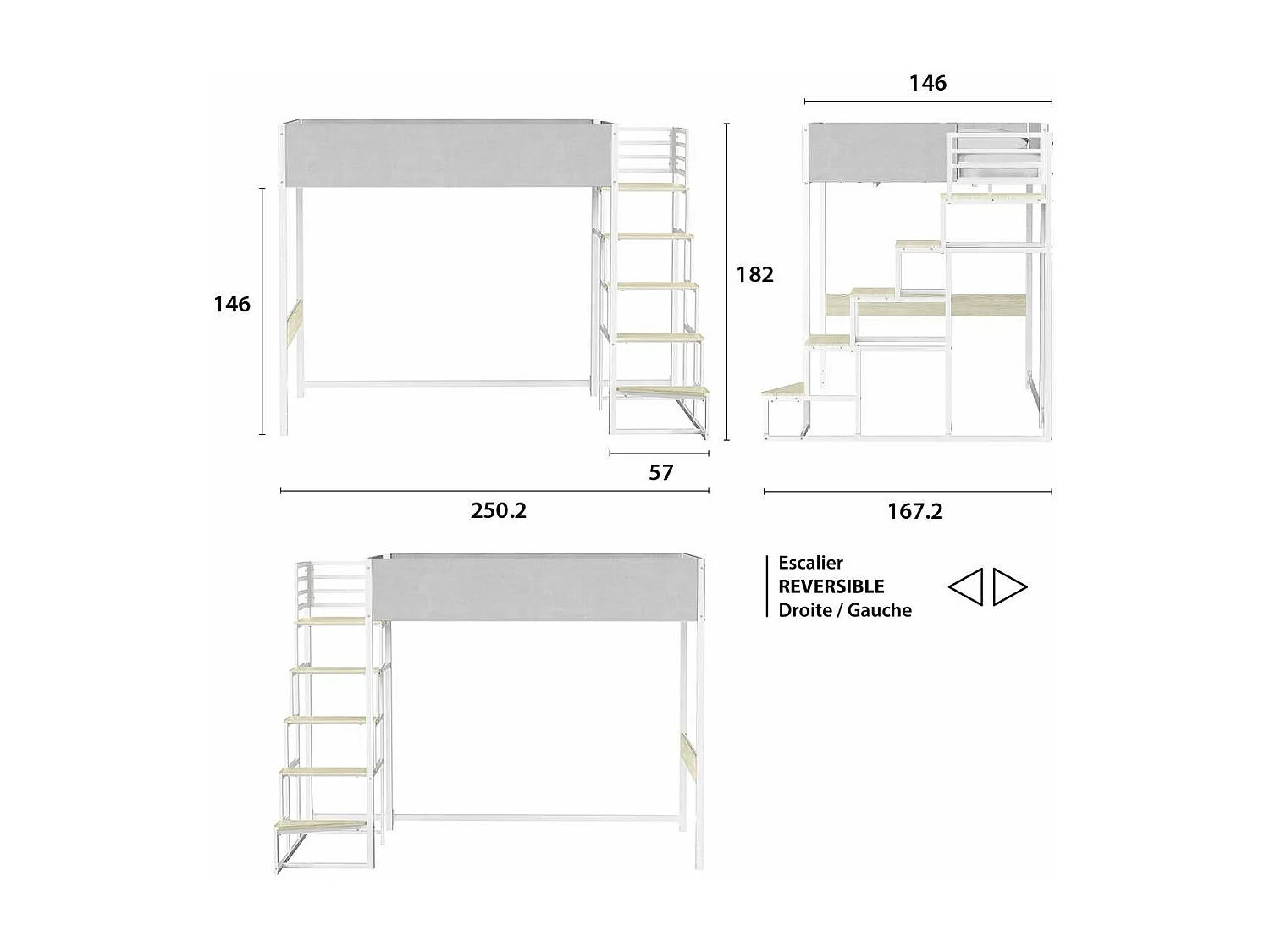 Lit mezzanine avec sommier + escalier en tissu gris clair, métal blanc et mélamine imitation chêne - grand couchage 140x190 cm - DOCKLAND