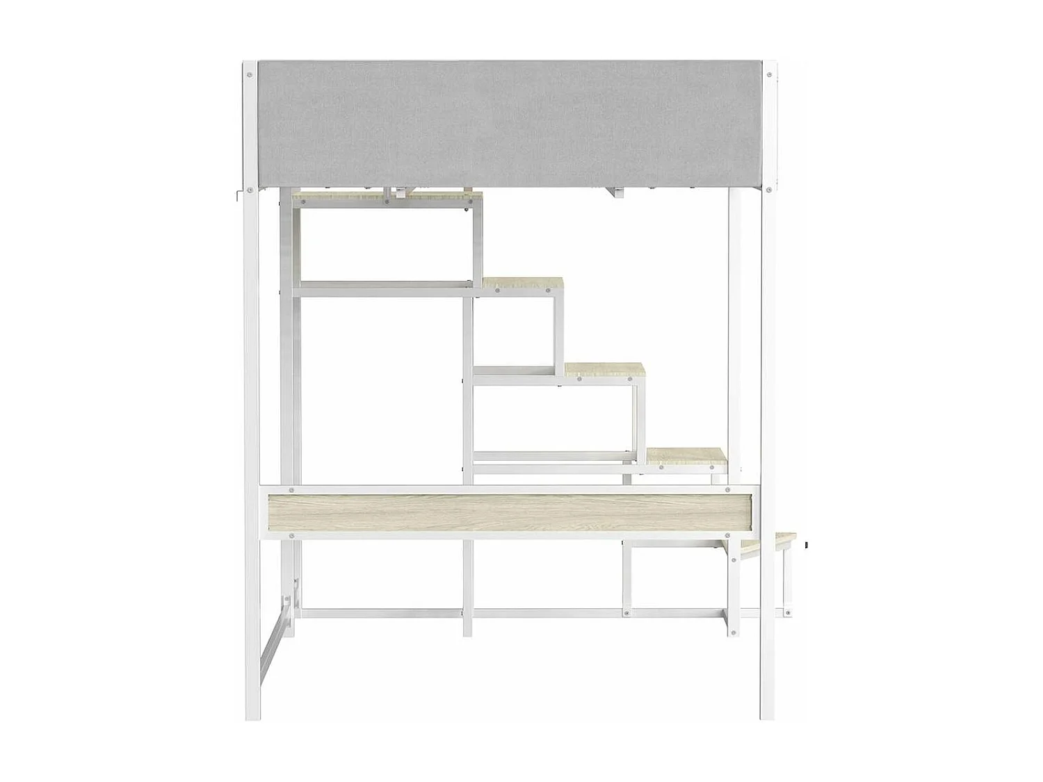 Lit mezzanine avec sommier + escalier en tissu gris clair, métal blanc et mélamine imitation chêne - grand couchage 140x190 cm - DOCKLAND