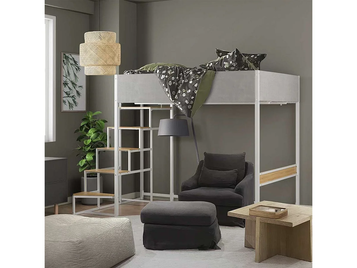 Cama mezanino DOCKLAND com estrado e escada em tecido cinza claro, metal branco e melamina imitação de carvalho - 140x190 cm