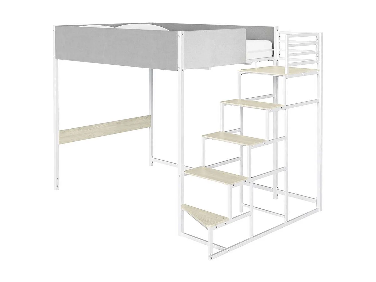 Cama mezanino DOCKLAND com estrado e escada em tecido cinza claro, metal branco e melamina imitação de carvalho - 140x190 cm