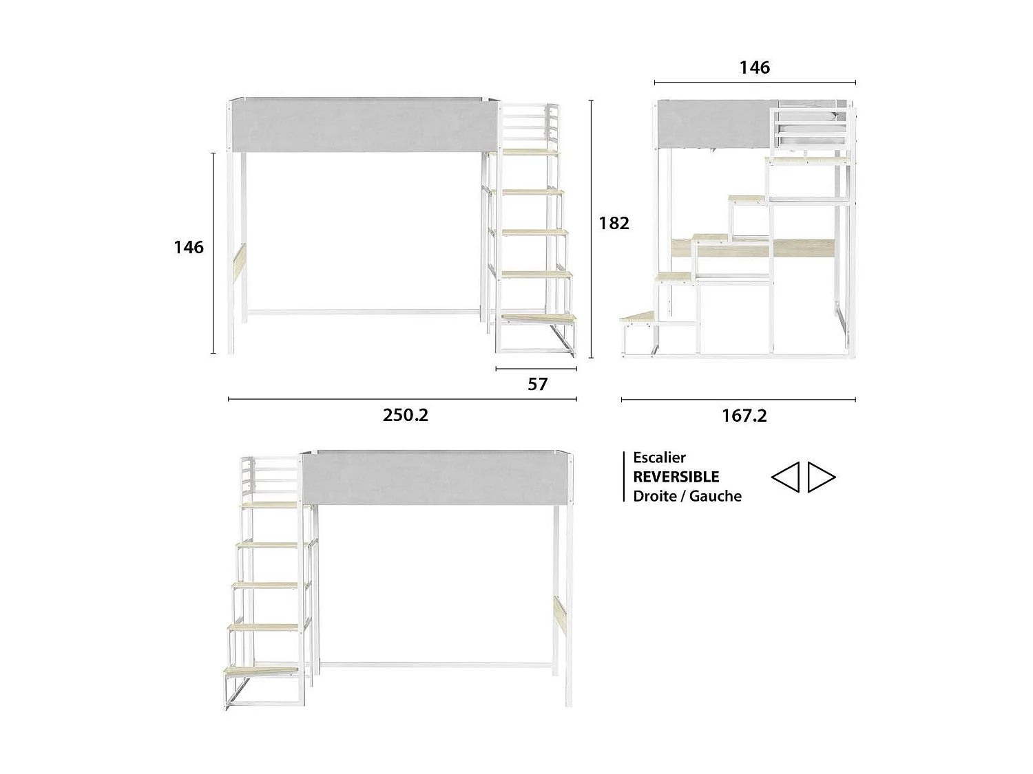 Cama mezanino DOCKLAND com estrado e escada em tecido cinza claro, metal branco e melamina imitação de carvalho - 140x190 cm
