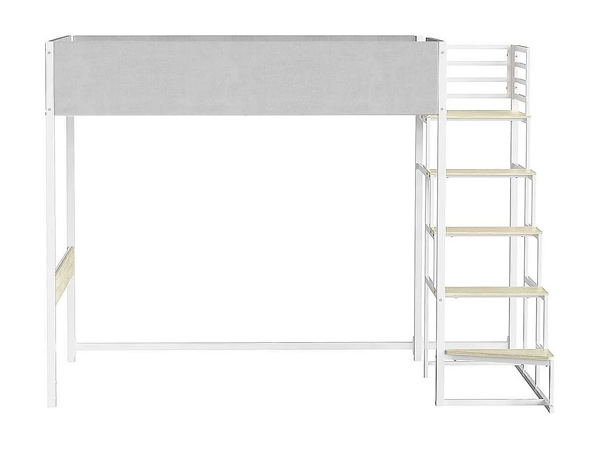 Cama mezanino DOCKLAND com estrado e escada em tecido cinza claro, metal branco e melamina imitação de carvalho - 140x190 cm