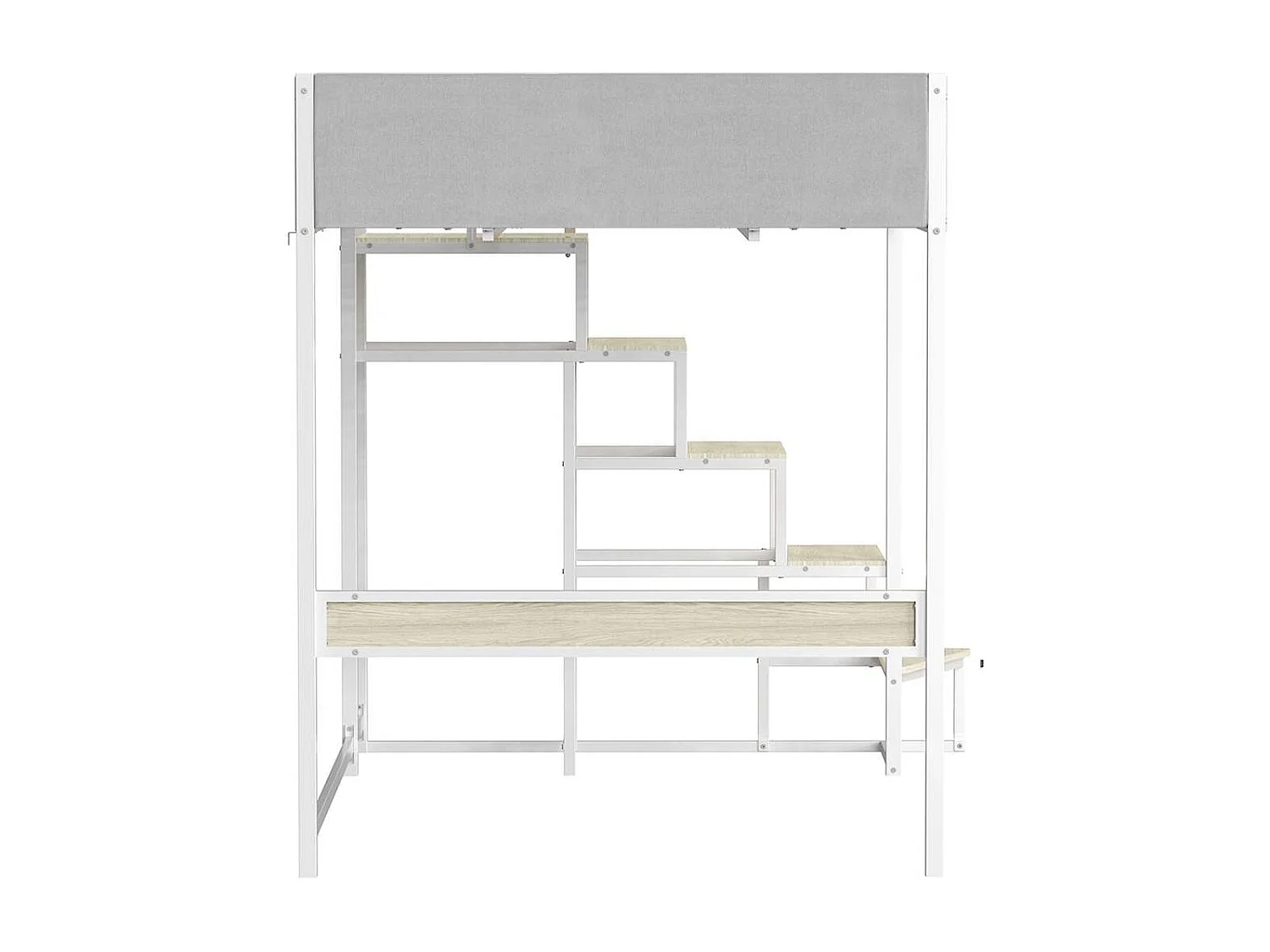 Cama mezanino DOCKLAND com estrado e escada em tecido cinza claro, metal branco e melamina imitação de carvalho - 140x190 cm